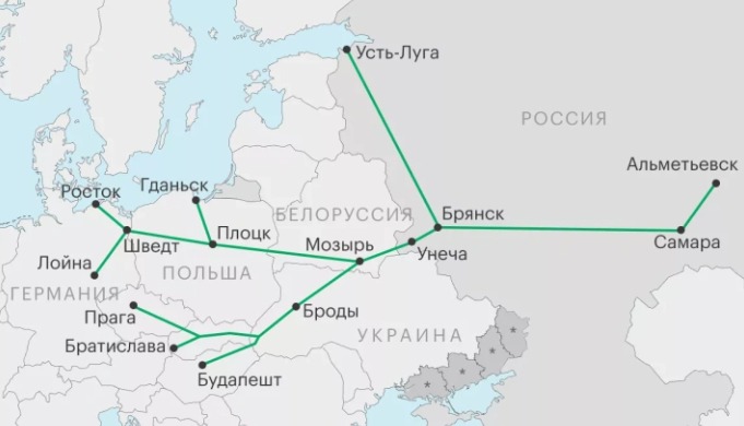 Маршрут нефтепровода "Дружба"